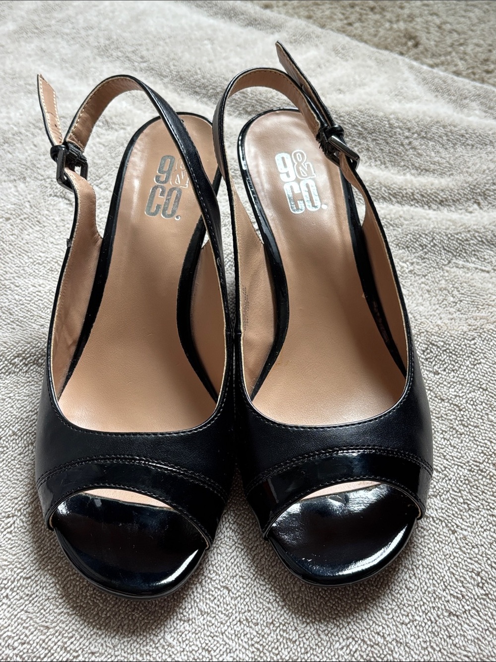 98 & Co. Black Patent Peep-Toe Slingback Heels